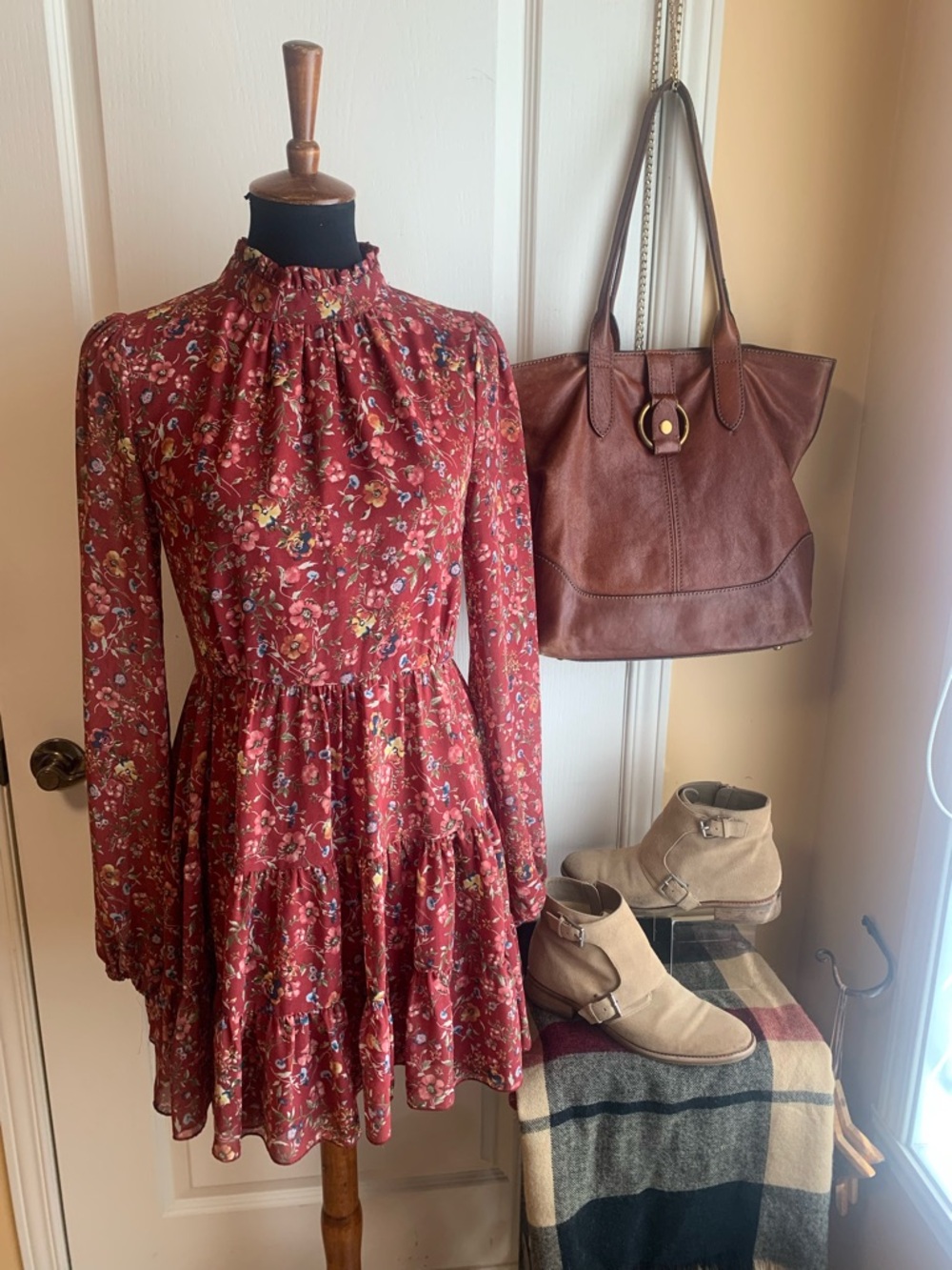Forever 21 Red Floral Long-Sleeve High Neck Tiered Dress